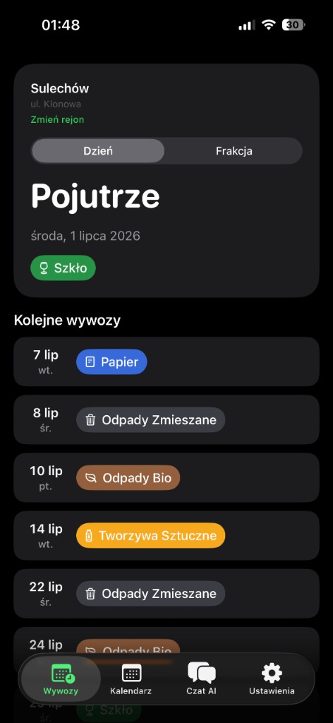Ekran Wywozów w EcoSort — Sulechów, ul. Klonowa, najbliższy wywóz szkła